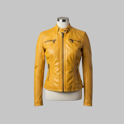 Bold Yellow Women’s Leather Jacket – Vintage Biker Look Handmade