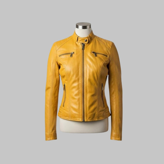 Bold Yellow Women’s Leather Jacket – Vintage Biker Look Handmade