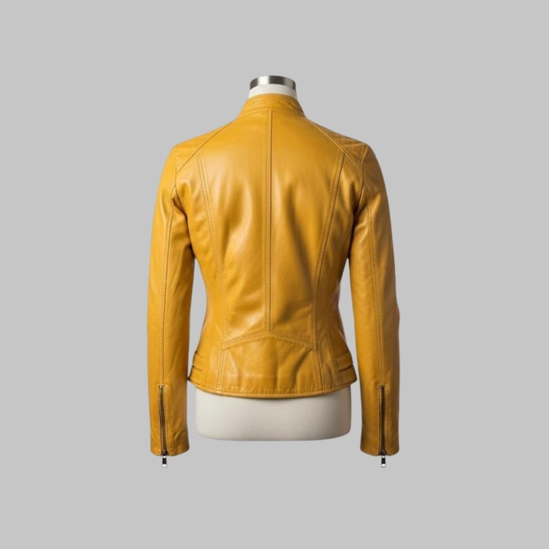 Bold Yellow Women’s Leather Jacket – Vintage Biker Look Handmade