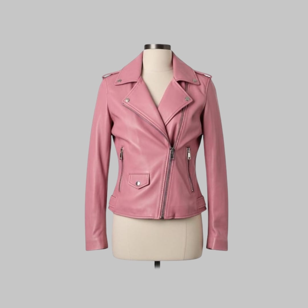 Women’s Pink Leather Jacket – Handmade Biker Style