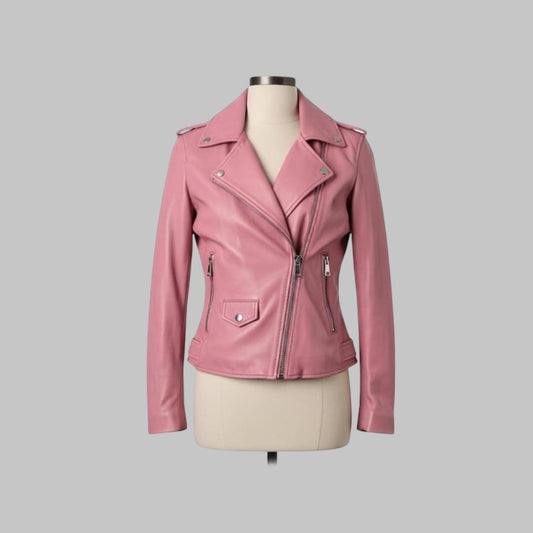 Women’s Pink Leather Jacket – Handmade Biker Style