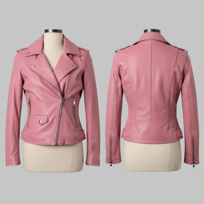 Women’s Pink Leather Jacket – Handmade Biker Style