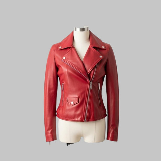 Women’s Red Leather Biker Jacket Handmade Moto Outerwear