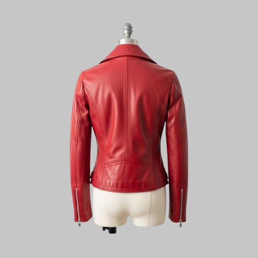 Women’s Red Leather Biker Jacket Handmade Moto Outerwear
