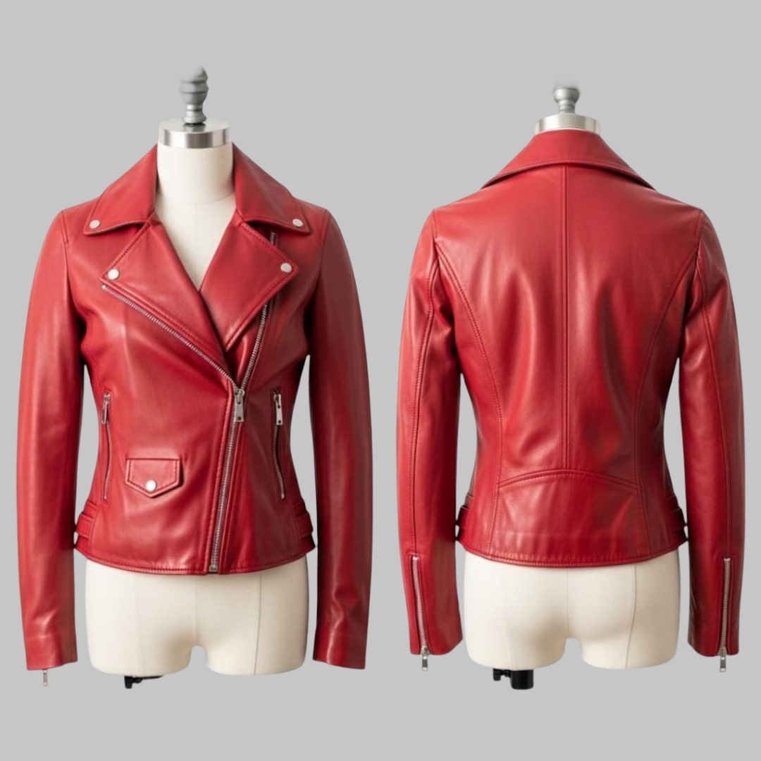 Women’s Red Leather Biker Jacket Handmade Moto Outerwear
