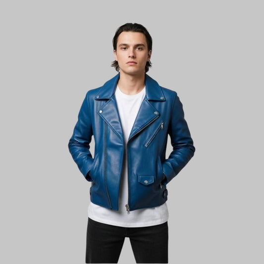 Men’s Handmade Blue Leather Biker Jacket Genuine Leather Custom Fit