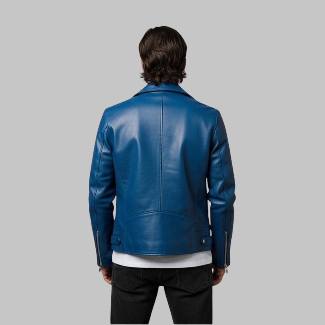 Men’s Handmade Blue Leather Biker Jacket Genuine Leather Custom Fit