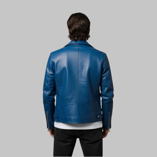 Men’s Handmade Blue Leather Biker Jacket Genuine Leather Custom Fit