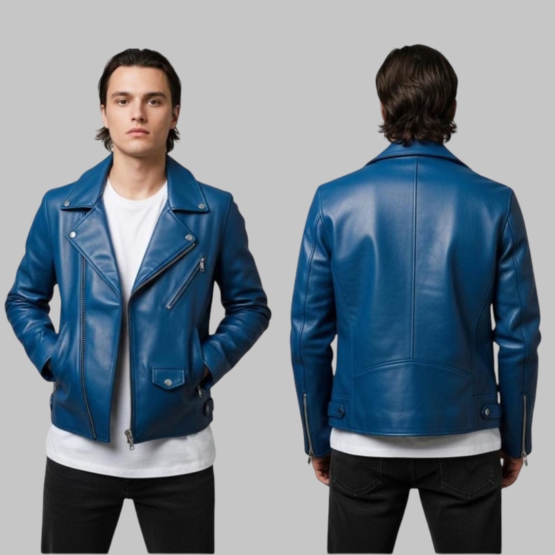 Men’s Handmade Blue Leather Biker Jacket Genuine Leather Custom Fit
