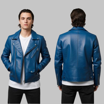 Men’s Handmade Blue Leather Biker Jacket Genuine Leather Custom Fit