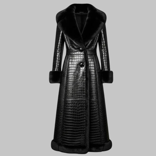 Crocodile Embossed Leather Long Coat with Fur Lining