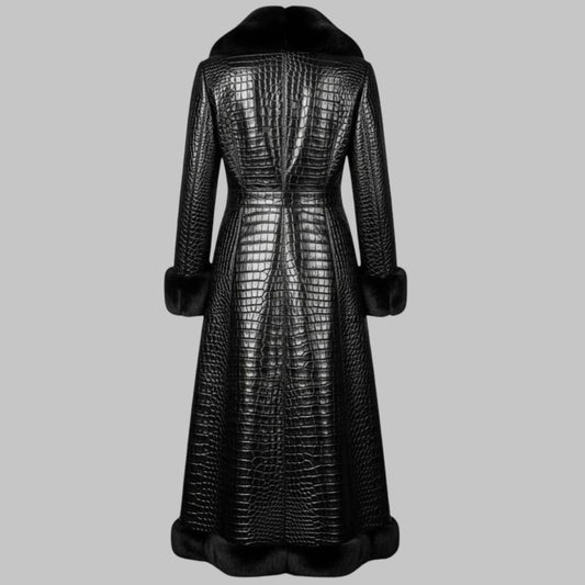 Crocodile Embossed Leather Long Coat with Fur Lining