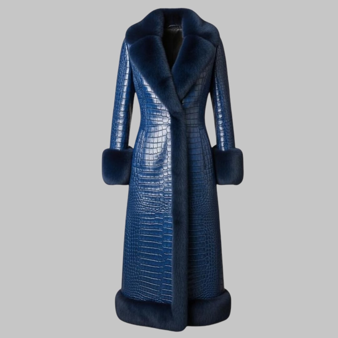 Blue Crocodile Leather Long Coat with Faux Fur Collar