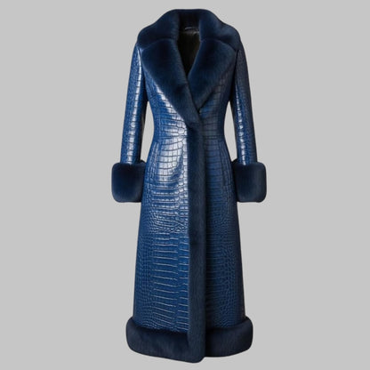 Blue Crocodile Leather Long Coat with Faux Fur Collar