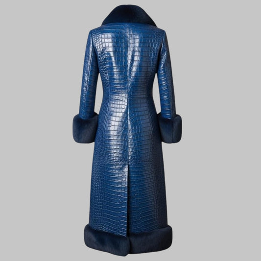 Blue Crocodile Leather Long Coat with Faux Fur Collar