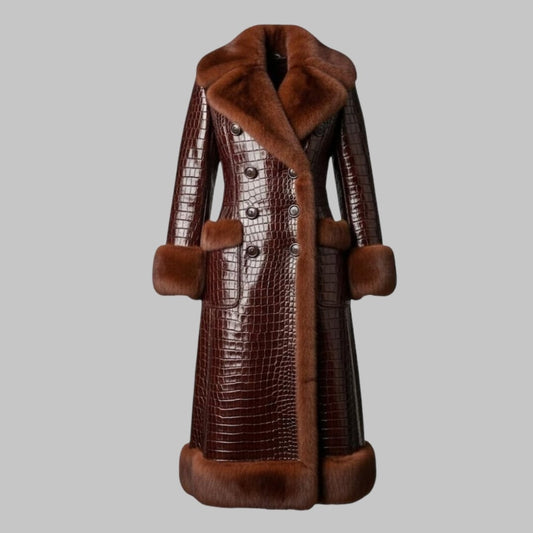 Crocodile Leather Long Coat with Faux Fur Collar