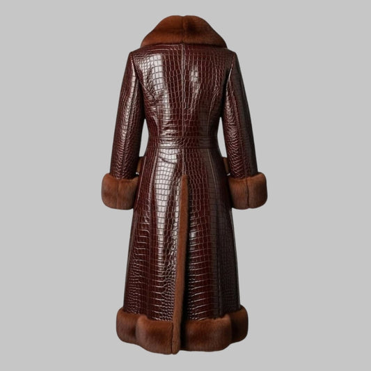 Crocodile Leather Long Coat with Faux Fur Collar