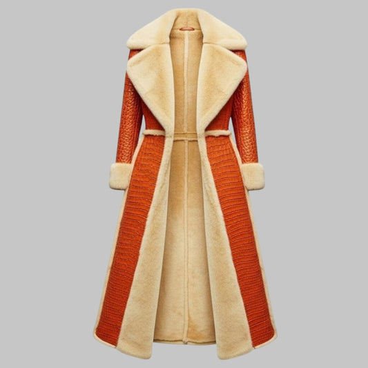 Orange Crocodile Embossed Leather Long Coat with Fur Lining