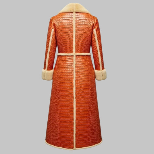 Orange Crocodile Embossed Leather Long Coat with Fur Lining
