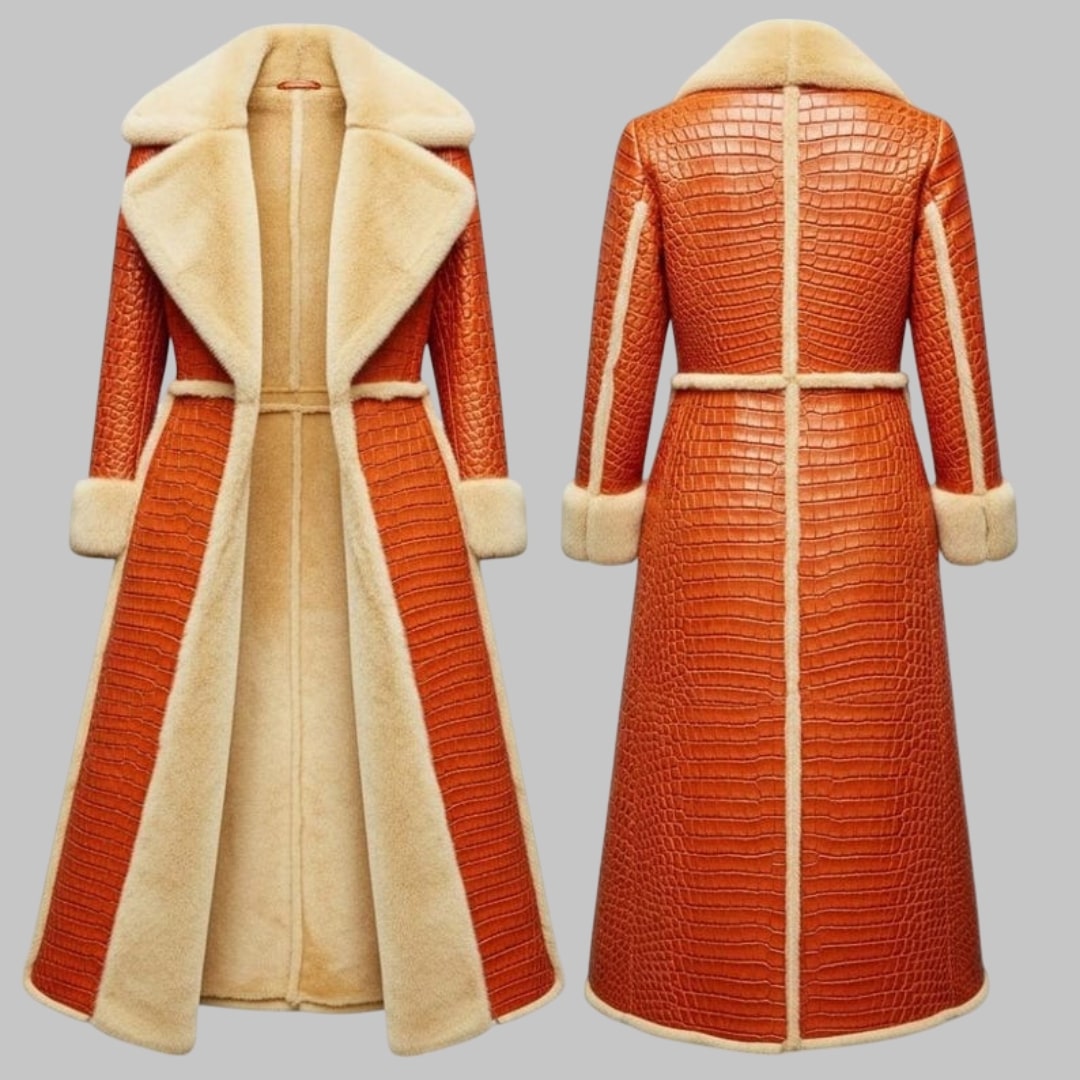 Orange Crocodile Embossed Leather Long Coat with Fur Lining