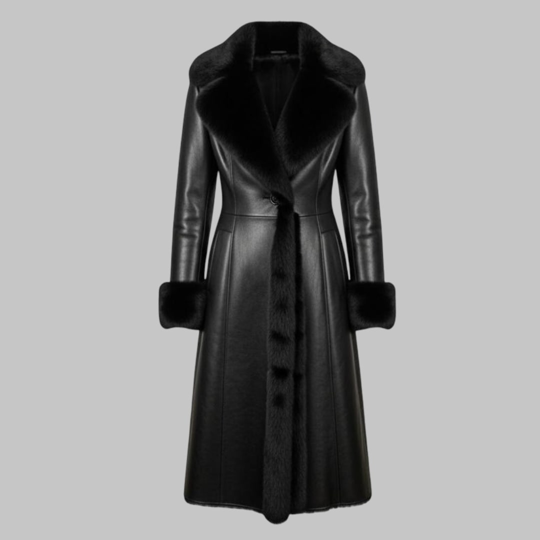 Black Leather Long Coat with Faux Fur Collar