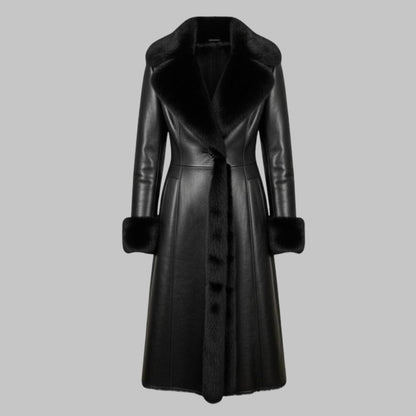 Black Leather Long Coat with Faux Fur Collar