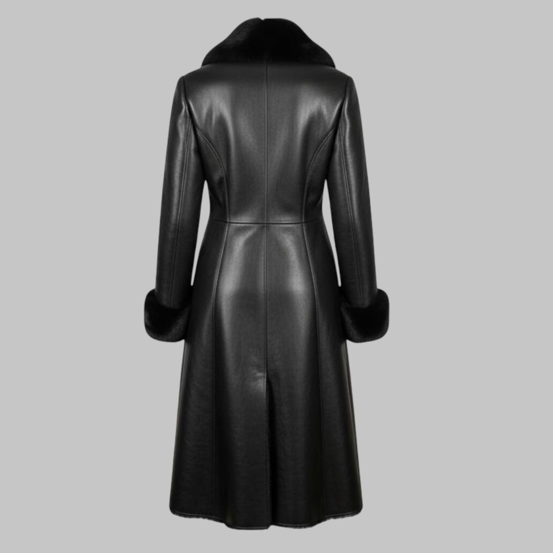 Black Leather Long Coat with Faux Fur Collar
