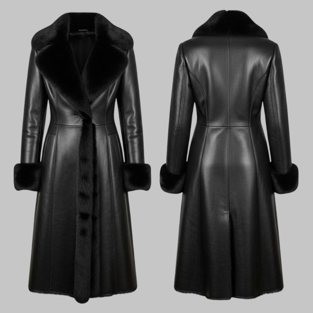 Black Leather Long Coat with Faux Fur Collar
