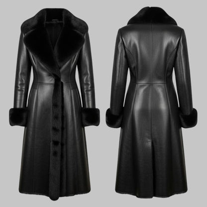 Black Leather Long Coat with Faux Fur Collar