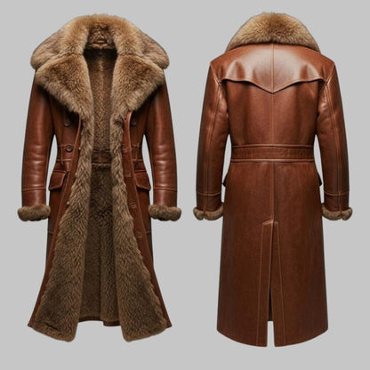 Men Luxury Leather Trench Fur Coat Vintage Winter Outerwear