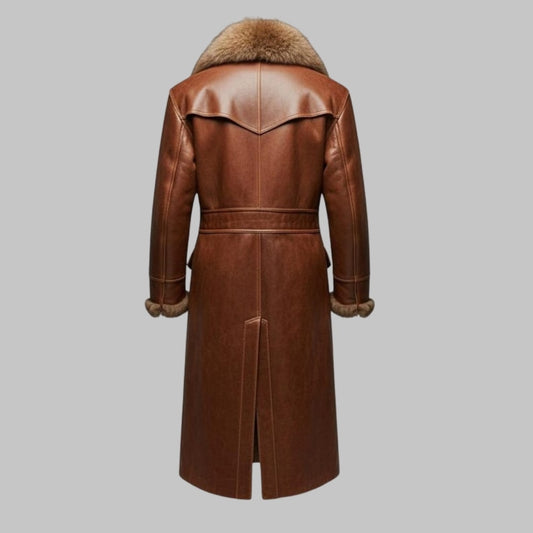 Men Luxury Leather Trench Fur Coat Vintage Winter Outerwear