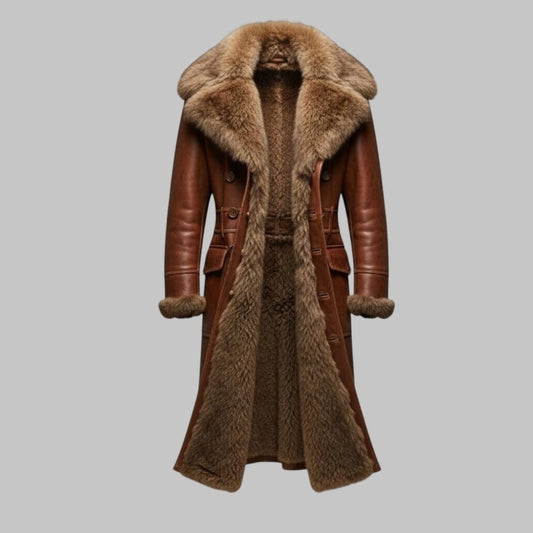 Men Luxury Leather Trench Fur Coat Vintage Winter Outerwear