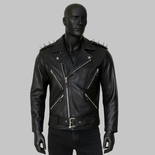 Men Spiked Leather Biker Jacket Steampunk Motorcycle Style