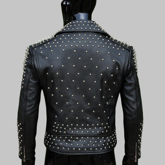 Handmade Black Leather Biker Jacket with Gold Studs & Spikes Punk Rock & Heavy Metal Style