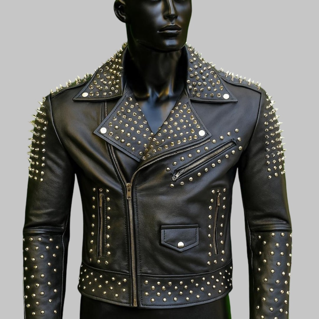 Handmade Black Leather Biker Jacket with Gold Studs & Spikes Punk Rock & Heavy Metal Style