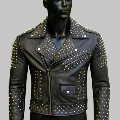 Handmade Black Leather Biker Jacket with Gold Studs & Spikes Punk Rock & Heavy Metal Style