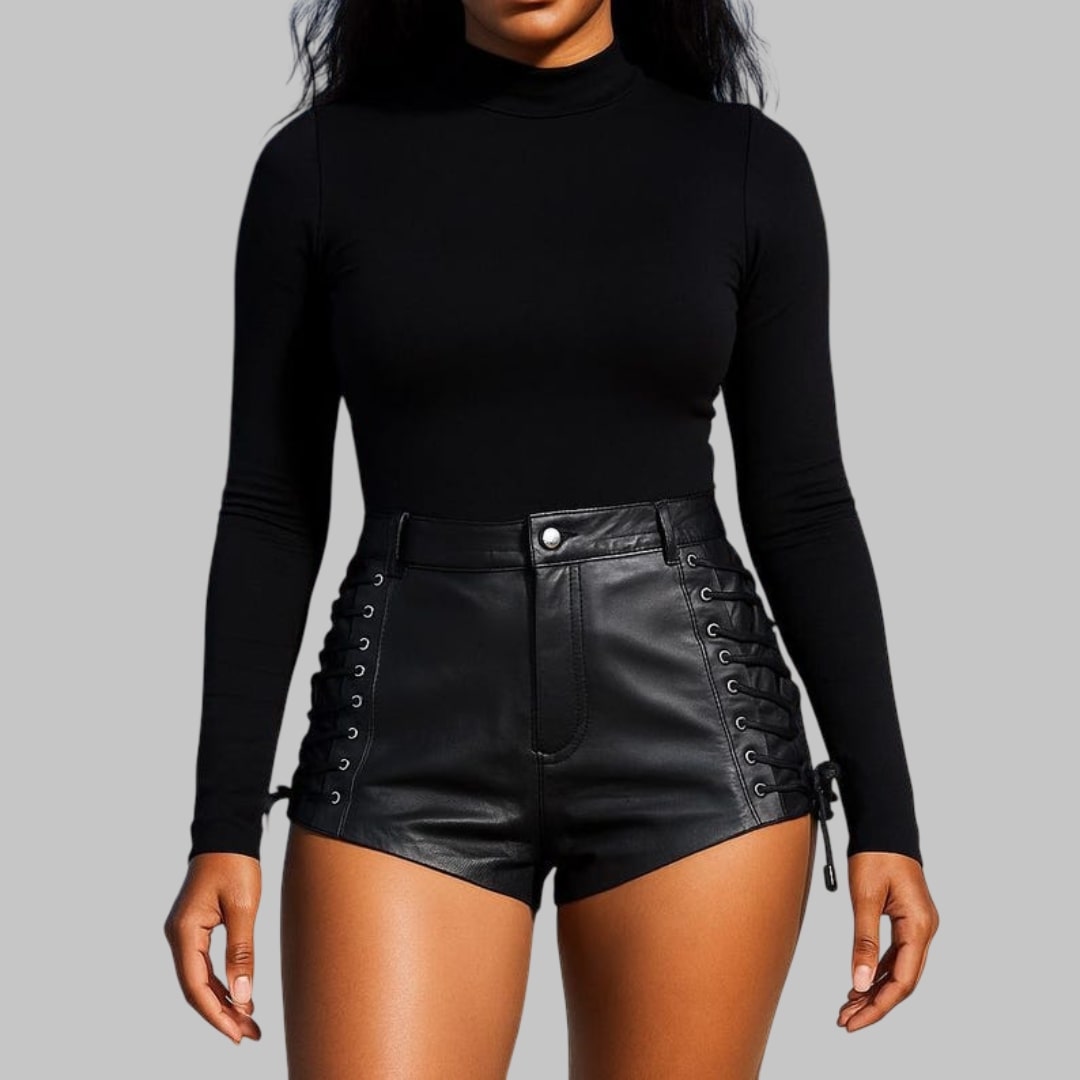 Lace-Up Black Leather Shorts High-Waisted Festival & Clubwear