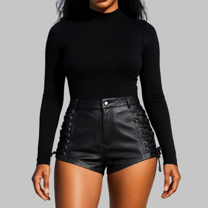 Lace-Up Black Leather Shorts High-Waisted Festival & Clubwear