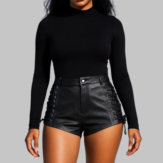 Lace-Up Black Leather Shorts High-Waisted Festival & Clubwear