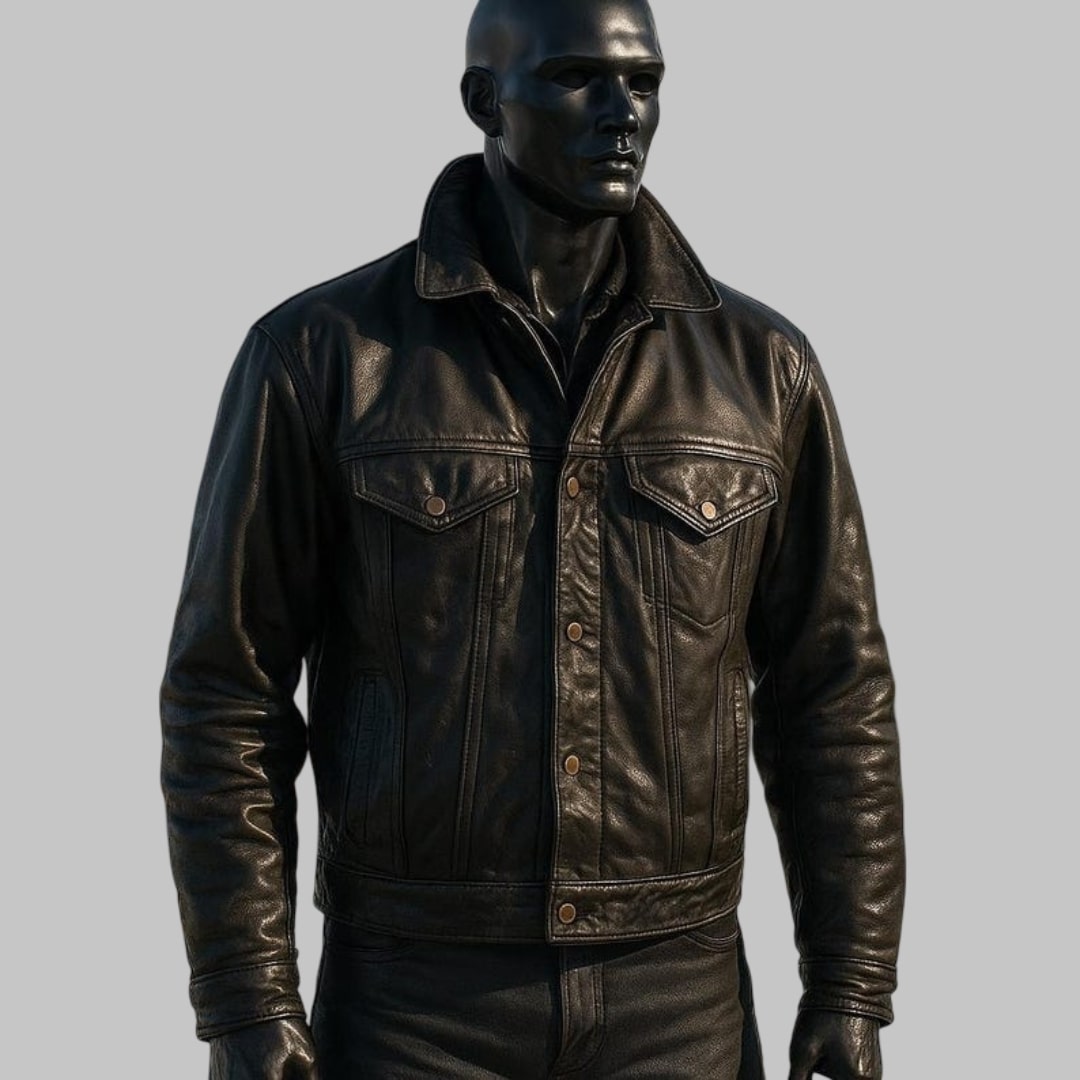 Men Handmade Black Cowhide Leather Trucker Jacket