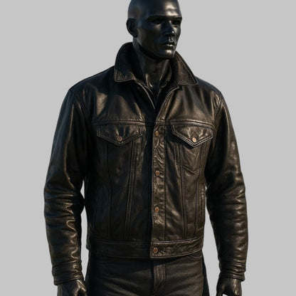 Men Handmade Black Cowhide Leather Trucker Jacket