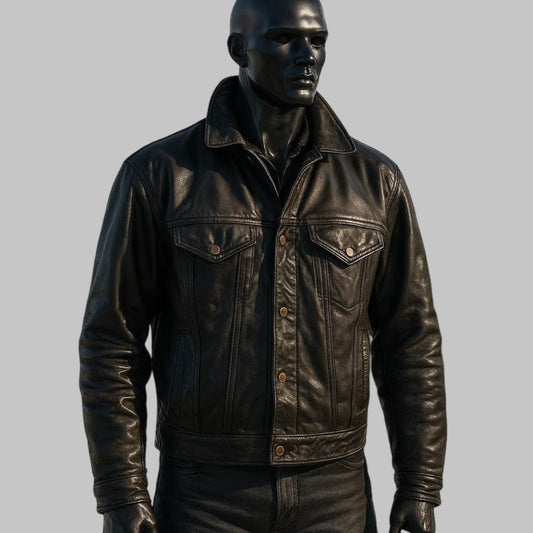 Men Handmade Black Cowhide Leather Trucker Jacket