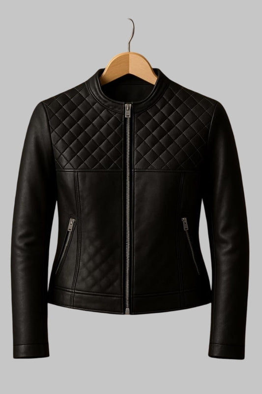 Women Handmade Sheepskin Leather Biker Jacket Slim Fit