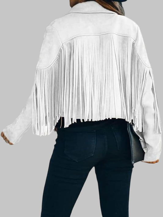 Women White Suede Fringe Leather Jacket Western Style