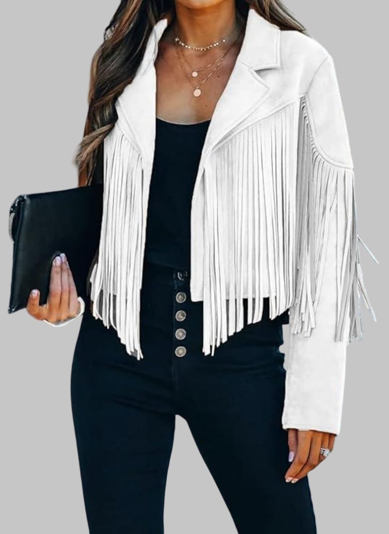 Women White Suede Fringe Leather Jacket Western Style