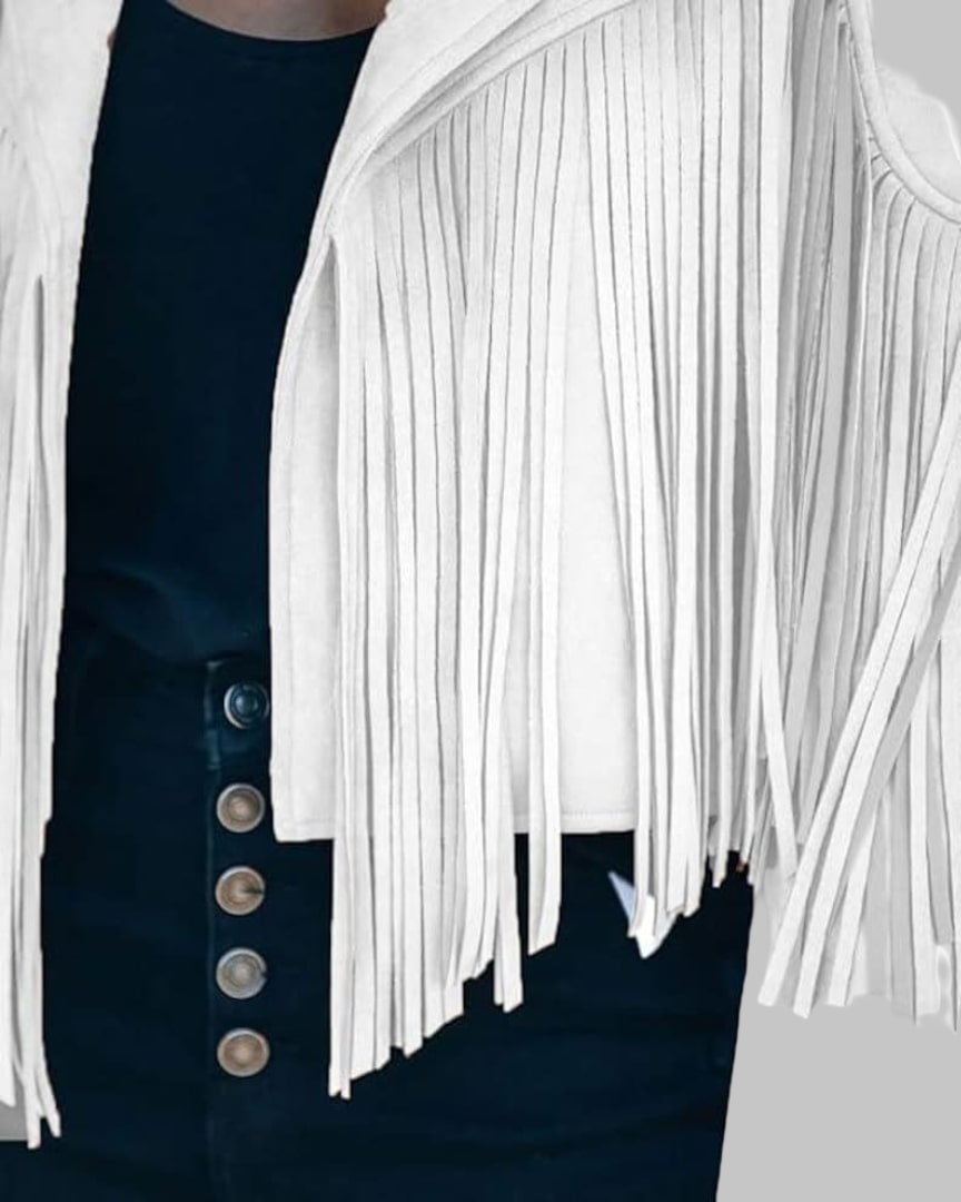 Women White Suede Fringe Leather Jacket Western Style