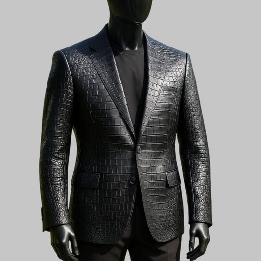 Men Crocodile Embossed Leather Blazer Luxury Jacket