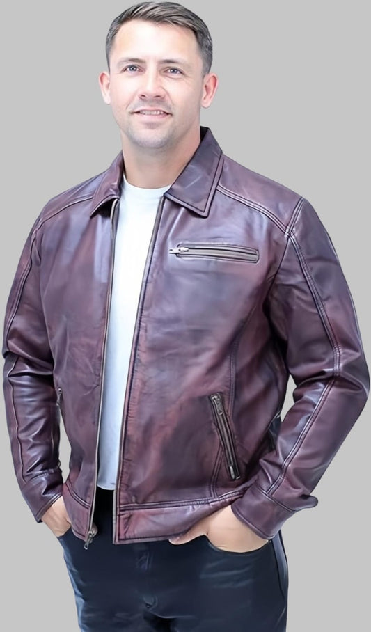 Men Burgundy Distressed Leather Jacket 1950s Vintage Style