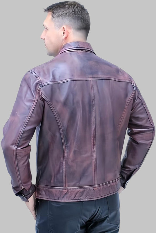 Men Burgundy Distressed Leather Jacket 1950s Vintage Style
