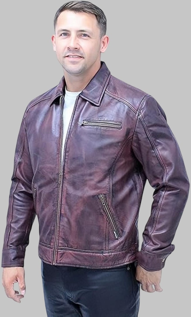 Men Burgundy Distressed Leather Jacket 1950s Vintage Style